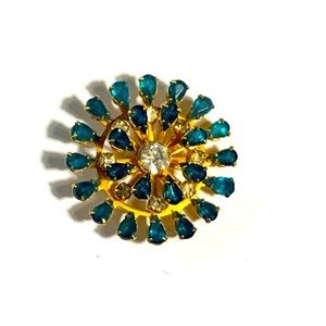 Aqua Vintage Brooch blue gold pin stone crystal gold plated 60s Costume Jewelry